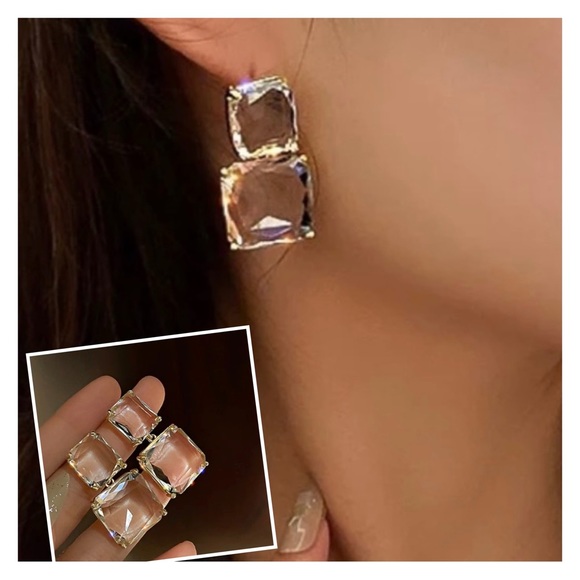 GEO RECTANGULAR AND SQUARE POST OR STUD ACRYLIC SET IN GOLD ALLOY EARRINGS-NEW - Picture 1 of 7